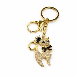 Black Princess Queen Crown Cat Gold Tone Keychain Purse Rhinestone Charm Clip 4"